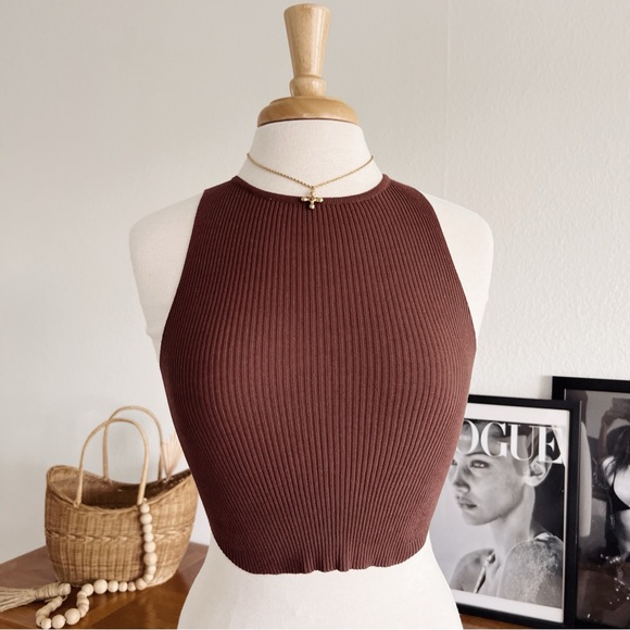BROWN RIBBED STRETCHY BASIC CROP TANK #0358 - Picture 4 of 5